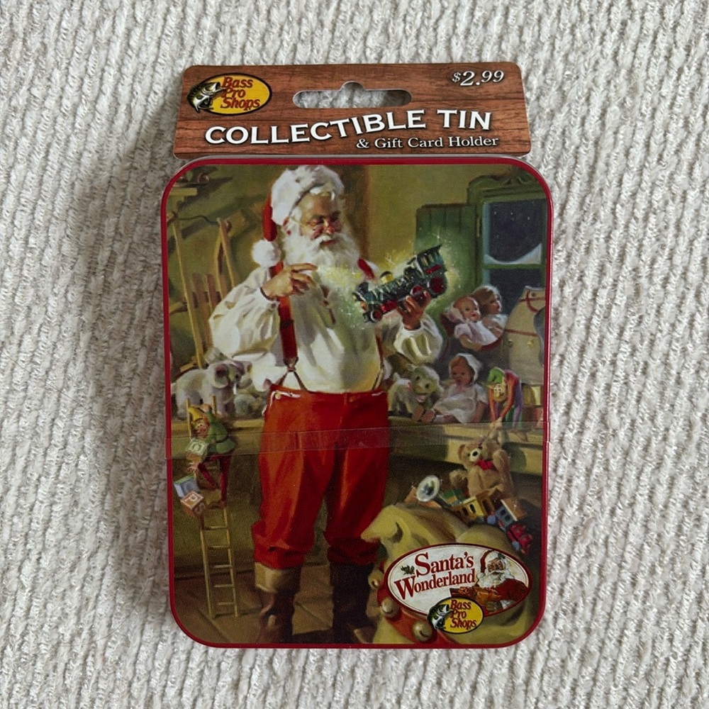 Santa’s wonderland bass pro shops Christmas collectible tin and gift card holder